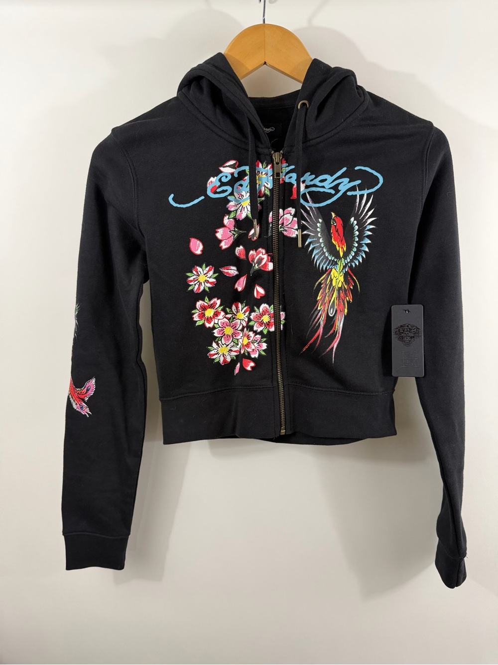 Ed Hardy Y2K Phoenix Black Cropped Hoodie Large NWT